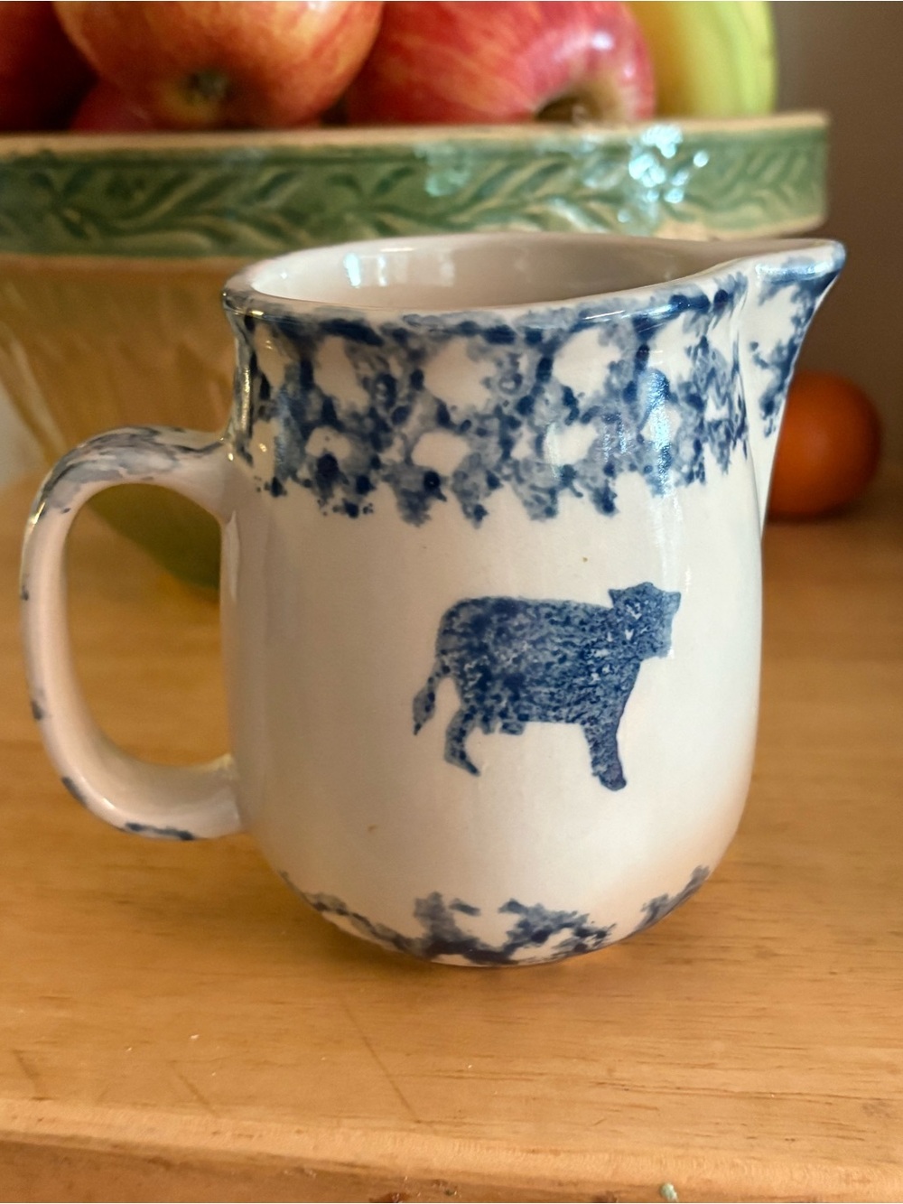 Blue and White Sponge-ware Cow Motif Ceramic Creamer - cottagecore